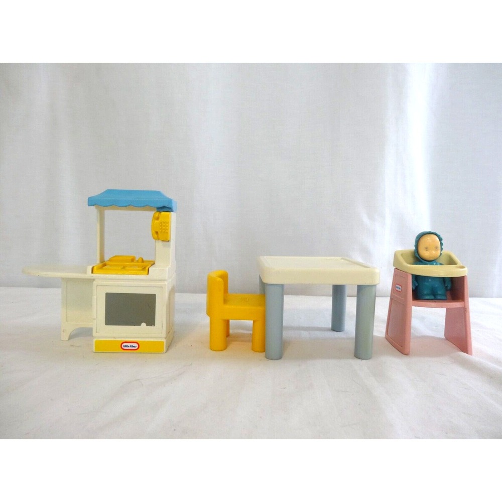 Little Tikes Dollhouse Furniture Party Kitchen Sink Stove Miniature + High Chair